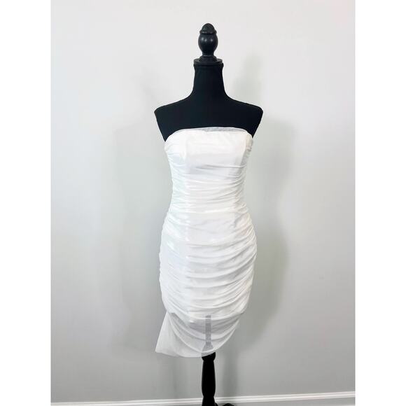 Majorelle Ursula Mini Dress in White Medium Asymmetrical Strapless Ruched Mesh - Picture 2 of 9